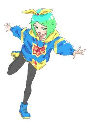 Rule 34 | 1girl, :d, black pantyhose, blue footwear, blue hair, blue hoodie, bow, fugota6509, full body, green eyes, green hair, hair bow, highres, hood, hood down, hoodie, idol time pripara, long sleeves, looking at viewer, multicolored hair, nijiiro nino, no pants, open mouth, outstretched arms, pantyhose, pretty series, pripara, red ribbon, ribbon, shoes, short hair, simple background, smile, sneakers, solo, spread arms, standing, standing on one leg, swept bangs, white background, yellow bow