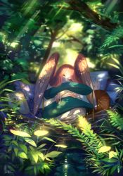 Rule 34 | 1girl, absurdres, aki a0623, angel wings, dappled sunlight, feathers, fern, forest, highres, huge filesize, leaf, nature, original, red hair, sunlight, wings, yellow eyes
