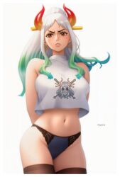 Rule 34 | 1girl, absurdres, earrings, highres, horns, jewelry, navel, one piece, panties, prixmal, shirt, thighhighs, underwear, yamato (one piece)