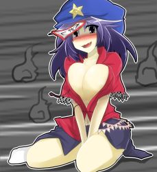 Rule 34 | 1girl, absurdres, between legs, blush, breasts squeezed together, breasts, cleavage, fangs, female focus, gyo!-gyo!-gyoo, hand between legs, hat, highres, jiangshi, large breasts, miyako yoshika, navel, no bra, ofuda, open clothes, open mouth, open shirt, purple eyes, purple hair, shirt, short hair, short sleeves, sitting, skirt, socks, solo, star (symbol), touhou, v arms, wariza, wisp