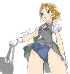 Rule 34 | 1girl, blonde hair, commentary request, dated, gloves, green eyes, kangoku kou, kantai collection, looking at viewer, looking down, maikaze (kancolle), neck ribbon, one-hour drawing challenge, ponytail, red ribbon, ribbon, school swimsuit, shirt, short hair, short sleeves, skirt, smile, solo, swimsuit, twitter username, upskirt, vest, weapon, white background, white gloves, white shirt