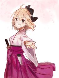 Rule 34 | 1girl, absurdres, ahoge, black ribbon, blonde hair, blush, commentary, fate (series), from side, grey eyes, grin, hair ribbon, hakama, hakama skirt, highres, holding, holding sword, holding weapon, japanese clothes, katana, kimono, koha-ace, long sleeves, looking at viewer, mochii, obi, okita souji (fate), okita souji (koha-ace), outstretched arm, pink background, pink kimono, reaching, reaching towards viewer, ribbon, sash, signature, skirt, smile, solo, standing, sword, weapon