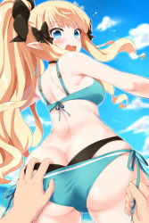 Rule 34 | 1girl, 1other, absurdres, aqua bikini, ass, ass focus, bare arms, bare shoulders, beach, bikini, bikini pull, black bow, blonde hair, blue eyes, blue sky, blush, bow, breasts, clothes pull, cloud, commentary request, cowboy shot, day, elf, flower, from behind, hair bow, hair flower, hair ornament, highres, layered bikini, long hair, looking at viewer, looking back, medium breasts, ocean, open mouth, outdoors, pointy ears, ponytail, princess connect!, pulling another&#039;s clothes, ryuki (ryukisukune), sand, saren (princess connect!), saren (summer) (princess connect!), side-tie bikini bottom, skindentation, sky, surprised, swimsuit, thighs, water