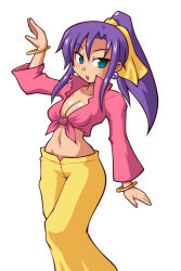 Rule 34 | 1990s (style), 1girl, bad id, bad pixiv id, blue eyes, bracelet, breasts, casual, chiki (chikibw), cleavage, dancer, earrings, faris scherwiz, female focus, final fantasy, final fantasy v, jewelry, long hair, medium breasts, midriff, ponytail, purple hair, retro artstyle, shirt, simple background, solo, tied shirt
