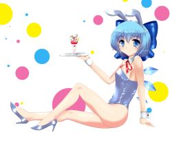 Rule 34 | 1girl, animal ears, bare legs, blue eyes, blue hair, blue leotard, bow, bowtie, rabbit ears, cirno, cup, far far, hair bow, high heels, highres, ice, ice wings, leotard, matching hair/eyes, playboy bunny, ribbon, shoes, short hair, sitting, smile, solo, touhou, tray, wings