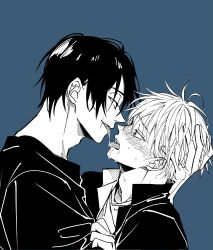 2boys after_kiss alternate_hairstyle bishounen black_hair blue_background collared_shirt commentary_request eye_contact french_kiss getou_suguru gojou_satoru highres jacket jujutsu_kaisen kiss looking_at_another multiple_boys saliva shirt short_hair sweat tongue tongue_out u_(r_k_g_k) upper_body yaoi