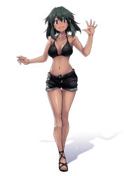 Rule 34 | 1girl, :d, armpits, bikini, bikini top only, bikini under clothes, black bikini, black hair, blush, breasts, cleavage, collarbone, commentary request, cross-laced footwear, crossed ankles, dark-skinned female, dark skin, full body, green hair, hair between eyes, halterneck, hand up, highres, idolmaster, idolmaster cinderella girls, k2isu, large breasts, looking at viewer, medium hair, natalia (idolmaster), navel, open mouth, open pants, outstretched hand, pants, purple eyes, running, sandals, shadow, shoes, short shorts, shorts, sidelocks, simple background, smile, solo, standing, swimsuit, swimsuit under clothes, thigh gap, unbuttoned, white background