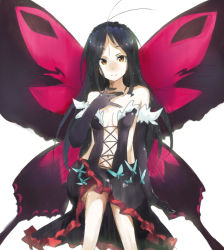 Rule 34 | 10s, 1girl, accel world, antenna hair, bare shoulders, black hair, butterfly wings, carlos toshiki, elbow gloves, gloves, hairband, hand on own chest, insect wings, kuroyukihime, long hair, looking at viewer, navel, smile, solo, white background, wings, yellow eyes