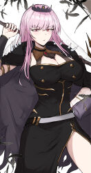 Rule 34 | 1girl, absurdres, black cape, black dress, black tiara, blunt bangs, breasts, cape, cleavage, detached sleeves, dress, highres, holding, holding scythe, holding weapon, hololive, hololive english, large breasts, looking at viewer, mori calliope, mori calliope (1st costume), pink hair, red eyes, sak1 01, scythe, see-through, see-through sleeves, sidelocks, single sleeve, sleeveless, sleeveless dress, spiked cape, tiara, veil, virtual youtuber, weapon, white background