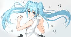 Rule 34 | 1girl, absurdres, aqua eyes, aqua hair, bare arms, bare shoulders, blush, bubble, closed mouth, floating hair, from behind, grey background, hatsune miku, highres, long hair, looking at viewer, looking back, na kyo, shirt, skirt, sleeveless, sleeveless shirt, smile, solo, twintails, twintails day, upper body, very long hair, vocaloid, white shirt