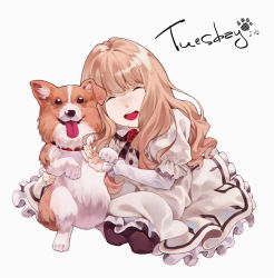 Rule 34 | 1girl, beamed sixteenth notes, black pantyhose, brown hair, carole &amp; tuesday, character name, cheese kang, dog, dress, eighth note, closed eyes, facing viewer, flower, freckles, full body, highres, kneeling, long hair, long sleeves, musical note, open mouth, pantyhose, puffy long sleeves, puffy sleeves, simple background, sixteenth note, solo, tuesday simmons, white background, white dress