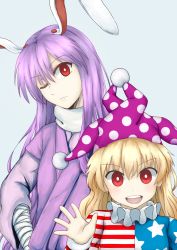 Rule 34 | 2girls, alternate costume, american flag print, american flag shirt, animal ears, bandaged arm, bandages, blonde hair, blue background, blush, clownpiece, hat, head tilt, highres, japanese clothes, jester cap, long hair, long sleeves, looking at viewer, multiple girls, neck ruff, one eye closed, open hand, open mouth, print shirt, purple hair, rabbit ears, red eyes, reisen udongein inaba, round teeth, simple background, smile, teeth, touhou, turtleneck, upper body, vermeith, wide sleeves