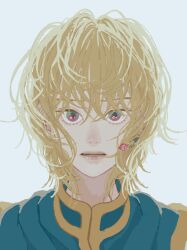 Rule 34 | 1other, androgynous, blonde hair, earrings, expressionless, hair between eyes, highres, hunter x hunter, jewelry, kaze no, kurapika, looking at viewer, red eyes, short hair, simple background, solo, tabard, upper body, white background