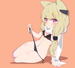 Rule 34 | 1girl, animal ears, arm support, azur lane, bikini, bikini pull, black bikini, blonde hair, cat ears, clothes pull, flat chest, hair ornament, hairclip, highres, leaning to the side, long hair, low twintails, navel, pink hair, pulling own clothes, scarf, side-tie bikini bottom, sitting, solo, swimsuit, twintails, untied, warspite (azur lane), white scarf, zeru (wisel army)