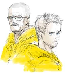 Rule 34 | 2boys, animification, bald, blue eyes, bomssp, breaking bad, facial hair, glasses, heisenberg, jacket, jesse pinkman, male focus, multiple boys, mustache, partially colored, stubble, walter white, yellow jacket
