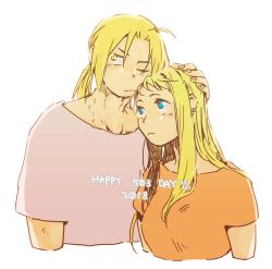Rule 34 | 1boy, 1girl, 2018, antenna hair, blonde hair, blue eyes, couple, dated, earrings, edward elric, expressionless, fingernails, fullmetal alchemist, hand on another&#039;s head, hetero, igi (tarqu0ise), jewelry, long hair, looking at another, looking away, one eye closed, orange shirt, ponytail, shirt, simple background, upper body, white background, white shirt, winry rockbell, yellow eyes