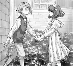 Rule 34 | 1boy, 1girl, bow, brick wall, collared shirt, commentary request, dress, feet out of frame, from side, funabara (sksn herb), greyscale, hair bow, highres, long sleeves, looking at another, lou (shadows house), monochrome, outdoors, pants, profile, ricky (shadows house), shadows house, shirt, short hair, smile, standing, vest, window