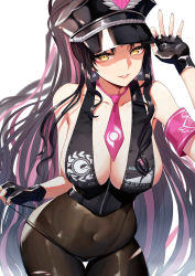 Rule 34 | 1girl, absurdres, bare shoulders, bikini, black bikini, black gloves, black hair, black hat, black pantyhose, blush, breasts, cleavage, covered navel, facial mark, fate/grand order, fate (series), fingerless gloves, forehead mark, gloves, halterneck, hat, highres, large breasts, long hair, looking at viewer, multicolored hair, necktie, pantyhose, parted bangs, pink hair, pink necktie, police hat, ponytail, rororo, sessyoin kiara, sessyoin kiara (swimsuit mooncancer), sessyoin kiara (swimsuit mooncancer) (second ascension), smile, solo, streaked hair, swimsuit, thighs, very long hair, yellow eyes
