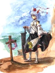 Rule 34 | 1girl, animal ears, black eyes, blue sky, bouquet, cliff, cloud, cross, detached sleeves, expressionless, facing away, flower, graphite (medium), grave, hat, inubashiri momiji, kijima (amayadori-tei), mountain, painting (medium), parted lips, petals, planted, planted sword, planted weapon, pom pom (cheerleading), pom pom (clothes), sandals, shadow, skirt, sky, solo, sword, tabi, tokin hat, touhou, traditional media, watercolor (medium), weapon, wind, wolf ears, wreath