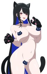Rule 34 | 1girl, absurdres, animal ears, areola slip, bare legs, bare shoulders, black hair, blue hair, breasts, cat ears, cat tail, censored, censored nipples, colored inner hair, completely nude, covered erect nipples, daydarion, hair ornament, highres, hololive, hololive english, jailbird (nerissa ravencroft), kemonomimi mode, large breasts, long hair, mole, mole on thigh, mole under eye, multicolored hair, nerissa ravencroft, no horns, novelty censor, nude, paw pose, red eyes, simple background, smile, solo, tail, thighs, two-tone hair, underwear, very long hair, virtual youtuber, white background
