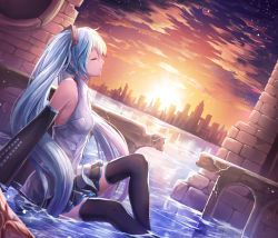 Rule 34 | 1girl, bad id, bad pixiv id, bare shoulders, black skirt, black thighhighs, blue hair, blue necktie, evening, facing away, from side, hatsune miku, highres, long hair, lunacle, necktie, sitting, skirt, solo, thighhighs, twintails, vocaloid