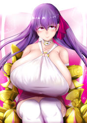 Rule 34 | 1girl, breasts, claws, fate/grand order, fate (series), gigantic breasts, highres, ibara azuki, o-ring, o-ring top, passionlip (fate), pink ribbon, purple hair, ribbon, solo