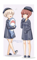 Rule 34 | 2girls, adapted costume, blue dress, brown eyes, clothes writing, dated, hugging doll, dress, closed eyes, full body, hat, ikea shark, kantai collection, masara (chuujou), multiple girls, nightcap, nightshirt, hugging object, short hair, silver hair, sleepwear, sleeves past fingers, sleeves past wrists, slippers, standing, stuffed animal, stuffed shark, stuffed toy, twitter username, z1 leberecht maass (kancolle), z3 max schultz (kancolle)