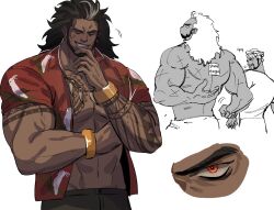 Rule 34 | 2boys, animal print, baptiste (overwatch), bara, beard, bird print, brk 603, cropped legs, dark-skinned male, dark skin, doodle inset, dreadlocks, eye focus, facial hair, frown, grin, huge pectorals, jewelry, long hair, looking at viewer, male focus, mature male, mauga (overwatch), multiple boys, muscular, muscular male, necklace, nipples, open clothes, open shirt, overwatch, overwatch 1, seductive smile, size difference, smile, sticker, teasing, thick eyebrows, tooth necklace