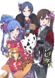 Rule 34 | + +, 3girls, :d, absurdres, animal print, asari nanami, black gloves, black kimono, blue eyes, blue hair, brown hair, cellphone, commentary request, cow print, earrings, ema, flower, fringe trim, fur collar, glint, gloves, gradient hair, green eyes, grey eyes, hair between eyes, hair bun, hair flower, hair ornament, hayami kanade, highres, holding, holding phone, idolmaster, idolmaster cinderella girls, japanese clothes, jewelry, kimono, long hair, long sleeves, looking at viewer, looking back, mole, mole under eye, multicolored hair, multiple girls, obi, hugging object, open mouth, parted bangs, phone, pink flower, pizzasi, purple hair, purple kimono, red flower, red kimono, red rose, rose, sash, sharp teeth, shoe soles, simple background, single hair bun, sleeves past wrists, smile, standing, standing on one leg, stud earrings, stuffed animal, stuffed shark, stuffed toy, sunazuka akira, teeth, translation request, upper teeth only, white background, wide sleeves, yagasuri