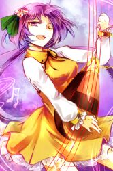 Rule 34 | 1girl, biwa lute, dress, flower, hair flower, hair ornament, instrument, kutsuki kai, long sleeves, low twintails, lute (instrument), musical note, one eye closed, open mouth, purple eyes, purple hair, shirt, smile, solo, touhou, tsukumo benben, twintails, yellow dress