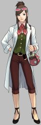Rule 34 | 1girl, ace attorney, apollo justice: ace attorney, bag, brown hair, capcom, coat, edaki shin&#039;ya, ema skye, glasses, grey background, half updo, highres, official art, simple background, sleeves rolled up, solo