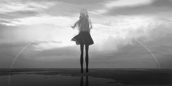 Rule 34 | 1girl, absurdres, black footwear, black pantyhose, black skirt, chihuri, cloud, cloudy sky, day, eve (chihuri), facing away, from behind, grey hair, greyscale, highres, long hair, monochrome, original, outdoors, pantyhose, reflection, shoes, skirt, sky, solo, very long hair, water