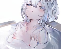 Rule 34 | 1girl, azur lane, blue eyes, breasts, collarbone, commentary request, grey hair, hair between eyes, half-closed eyes, hands up, highres, le malin (azur lane), long hair, looking at viewer, parted lips, partially submerged, small breasts, solo, tota (sizukurubiks), upper body, water, white background