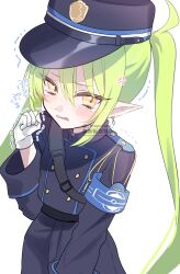 Rule 34 | 1girl, anger vein, black hat, black shirt, black shorts, blue archive, blush, earrings, fang, gloves, green hair, hair between eyes, hat, highlander twintails conductor (blue archive), highres, jewelry, long hair, long sleeves, looking at viewer, mayo taro, open mouth, peaked cap, pointy ears, shirt, shorts, simple background, skin fang, solo, twintails, twitter username, watermark, white background, white gloves, yellow background