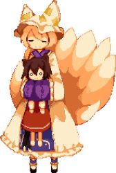 Rule 34 | 2girls, :|, animal ears, animal hat, black footwear, blonde hair, blush stickers, brown hair, cat ears, cat tail, chen, closed eyes, closed mouth, dress, fox tail, frilled dress, frilled sleeves, frills, full body, hands in opposite sleeves, hat, kitsune, kyuubi, lifting person, long sleeves, mob cap, multiple girls, multiple tails, nekomata, pixel art, red dress, rrrssr, short hair, smile, socks, standing, tabard, tail, touhou, transparent background, two tails, white dress, white headwear, white socks, wide sleeves, yakumo ran