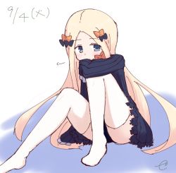 Rule 34 | 1girl, abigail williams (fate), bad id, bad pixiv id, black bow, black dress, blonde hair, blue eyes, blush, bow, bug, butterfly, closed mouth, dated, dress, fate/grand order, fate (series), forehead, gradient background, hair bow, insect, kujou karasuma, long hair, long sleeves, looking at viewer, no headwear, no shoes, orange bow, parted bangs, purple background, signature, sitting, sketch, sleeves past fingers, sleeves past wrists, solo, thighhighs, very long hair, white background, white thighhighs