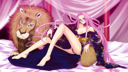 Rule 34 | 00s, 1girl, absurdres, bare legs, barefoot, bed, breasts, doomblade, artistic error, fate/hollow ataraxia, fate/stay night, fate (series), feet, glasses, highres, japanese clothes, legs, lion, long hair, medusa (fate), medusa (rider) (fate), panties, purple hair, solo, underwear, very long hair