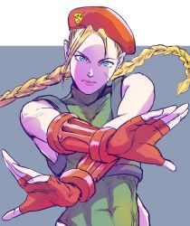 Rule 34 | 1girl, abs, antenna hair, bare shoulders, bb9 megadrive, beret, blonde hair, blue eyes, braid, breasts, cammy white, fingerless gloves, gloves, green leotard, harness, hat, leotard, lips, looking at viewer, medium breasts, red gloves, red hat, scar, scar on face, solo, street fighter, street fighter v, twin braids
