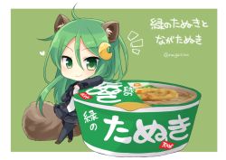 Rule 34 | 10s, 1girl, ahoge, animal ears, black thighhighs, chibi, crescent, crescent hair ornament, cup ramen, food, green background, green eyes, green hair, hair between eyes, hair ornament, heart, instant soba, kantai collection, kemonomimi mode, kitsune udon, leaning, long hair, long sleeves, looking at viewer, maruchan midori no tanuki tensoba, matching hair/eyes, nagasioo, nagatsuki (kancolle), necktie, noodles, own hands together, parted bangs, raccoon ears, raccoon tail, simple background, smile, soba, solo, standing, tail, thighhighs, twitter username, udon, very long hair, white necktie
