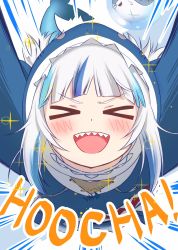 Rule 34 | &gt;o&lt;, 1girl, animal hood, bloop (gawr gura), blue background, blue hair, blue hoodie, blush, catchphrase, closed eyes, commentary, emphasis lines, english text, fangs, fins, fish tail, gawr gura, gawr gura (1st costume), highres, hololive, hololive english, hood, hoodie, jumping, long hair, looking at viewer, multicolored hair, open mouth, outstretched arms, pov, shark hood, shark tail, sharp teeth, simple background, smile, streaked hair, tail, teeth, two-tone background, two-tone hair, virtual youtuber, weizen, white background, white hair