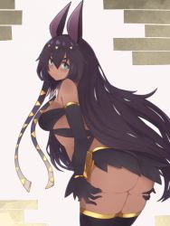 Rule 34 | 1girl, animal ears, anubis (mythology), ass, ass grab, bare shoulders, black gloves, black hair, black thighhighs, blue eyes, blush, breasts, bright pupils, commentary, cowboy shot, dark-skinned female, dark skin, egyptian, egyptian mythology, elbow gloves, from behind, gloves, grabbing own ass, hair between eyes, highres, jackal ears, jewelry, long hair, looking at viewer, looking back, original, personification, simple background, solo, tan, thighhighs, very long hair, white pupils, yonaga san