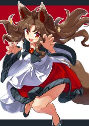 Rule 34 | 1girl, animal ears, breasts, brooch, brown hair, dress, full body, highres, imaizumi kagerou, jewelry, layered dress, long hair, long sleeves, medium breasts, open mouth, red dress, red eyes, smile, solo, tail, touhou, uisu (noguchipint), white dress, wide sleeves, wolf ears, wolf tail