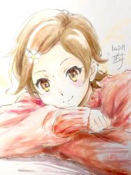 Rule 34 | absurdres, blush, brown eyes, brown hair, casual, closed mouth, color ink (medium), crossed arms, dated, flower, hair flower, hair ornament, hibike! euphonium, highres, katou hazuki, long sleeves, looking at viewer, nii manabu, red sweater, short hair, signature, smile, solo, sweater, traditional media