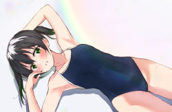 Rule 34 | 1girl, airmilk310, armpits, blue one-piece swimsuit, blush, breasts, collarbone, commentary request, gradient hair, green eyes, green hair, hair between eyes, highres, looking at viewer, love live!, love live! nijigasaki high school idol club, medium hair, multicolored hair, one-piece swimsuit, sidelocks, small breasts, solo, swimsuit, takasaki yu, twintails, upper body, white background