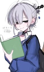 Rule 34 | 1girl, bags under eyes, black choker, blazer, blue jacket, book, choker, commentary request, grey eyes, grey hair, hair bun, halo, highres, holding, holding book, itokonoue kaoru, jacket, project kv, riidayo0709, smile, solo, translation request