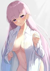 Rule 34 | 1girl, absurdres, blush, braid, breasts, commission, commissioner upload, embarrassed, fire emblem, fire emblem: the binding blade, french braid, highres, igayan, large breasts, long hair, looking at viewer, midriff, navel, nintendo, no panties, open clothes, open shirt, purple eyes, purple hair, shirt, skeb commission, solo, sophia (fire emblem), very long hair