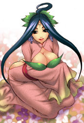Rule 34 | 1girl, ass, ass cutout, black hair, breasts, butt crack, capcom, cleavage, cleavage cutout, clothing cutout, earrings, japanese clothes, jewelry, kimono, large breasts, long hair, looking at viewer, mgk968, no panties, ookami (game), sakuya (ookami), seiza, sitting, smile, solo
