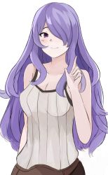 Rule 34 | 1girl, breasts, camilla (fire emblem), camisole, cleavage, closed mouth, cosplay, fire emblem, fire emblem awakening, fire emblem fates, hair over one eye, highres, kgctcg, long hair, nintendo, purple eyes, purple hair, robin (female) (fire emblem), robin (female) (fire emblem) (cosplay), robin (fire emblem), robin (fire emblem) (cosplay), simple background, smile, solo, white background