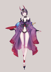 Rule 34 | 1girl, absurdres, aged up, bare shoulders, black hair, blush, breasts, cleavage, cup, fate (series), fingerless gloves, full body, gloves, highres, holding, horns, japanese clothes, medium breasts, navel, oni, sakazuki, short hair, shuten douji (fate), skin-covered horns, solo