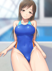 Rule 34 | 10s, 1girl, arm support, bare arms, bare shoulders, blue one-piece swimsuit, blurry background, breasts, brown eyes, brown hair, collarbone, competition swimsuit, groin, hashi, head tilt, idolmaster, idolmaster cinderella girls, indoors, large breasts, leaning back, legs together, looking at viewer, nitta minami, one-piece swimsuit, pool, rei no pool, sitting, solo, swimsuit, thighs, water